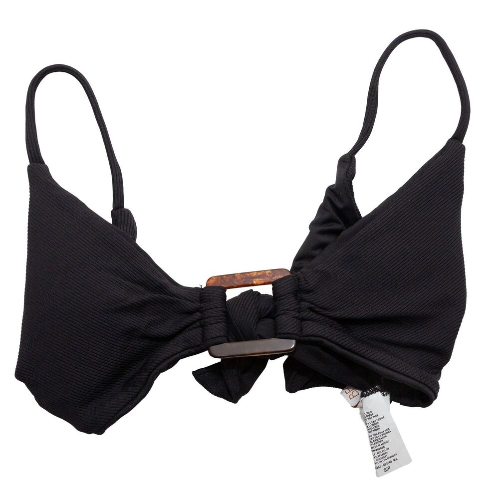 BECCA by Rebecca Size Small Virtue Black Ribbed Tie Front Buckle Bikini‎ Top